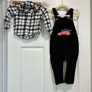 Melissa & Dough Plaid Shirt and Holiday Black Overalls Set